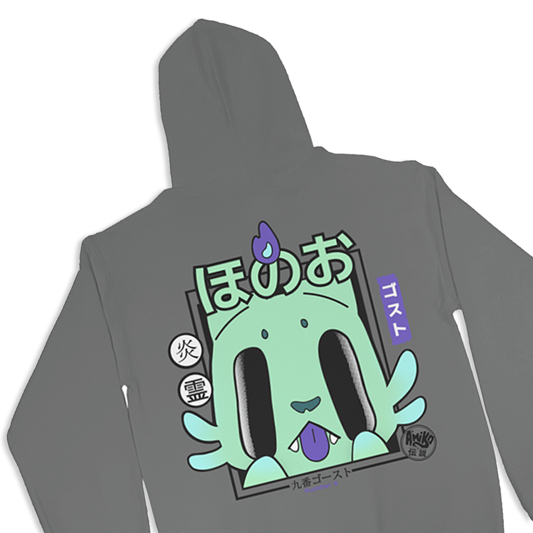 A dark gray hoodie shown from the back, featuring a large Amiko Legends character graphic print with a purple tongue and Japanese text.