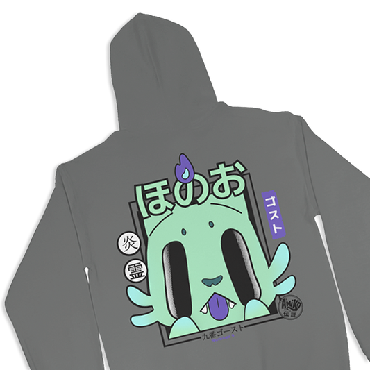A dark gray hoodie shown from the back, featuring a large Amiko Legends character graphic print with a purple tongue and Japanese text.