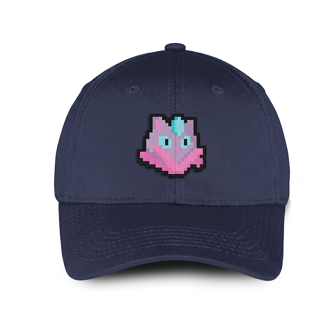 A navy blue baseball cap featuring a Amiko Legend character pixel art  on the front, set against a plain white background.