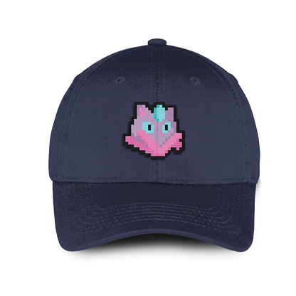 A navy blue baseball cap featuring a Amiko Legend character pixel art  on the front, set against a plain white background.