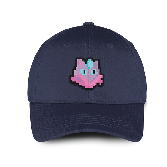A navy blue baseball cap featuring a Amiko Legend character pixel art  on the front, set against a plain white background.