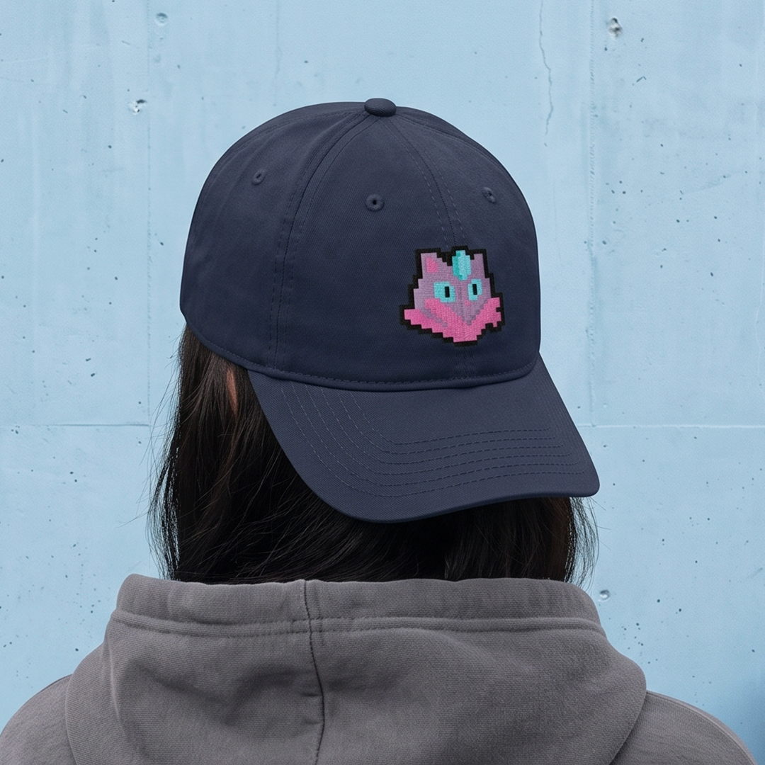 A person viewed from behind wearing a dark navy baseball cap with a Amiko Legend character pixel-art against a light blue textured wall.