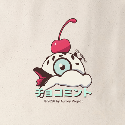 A close-up of a light beige fabric featuring a printed cartoon graphic of a Amiko Legends character with a pink cherry on top, teal Japanese text, and small text reading 'ChocoMint' and '© 2026 by Aurory Project'.